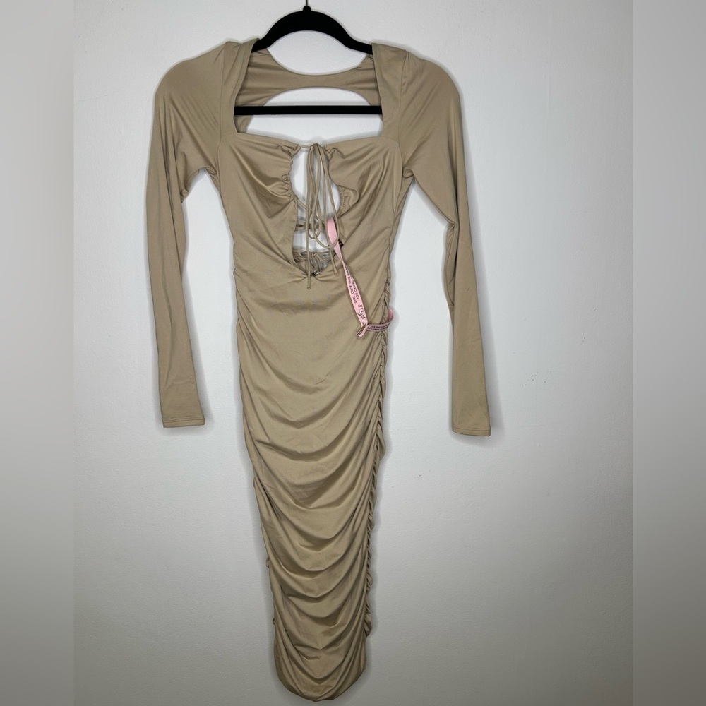 NWT Oh Polly A Midi Moment Long Sleeve Cut Out Midi Dress in Beige